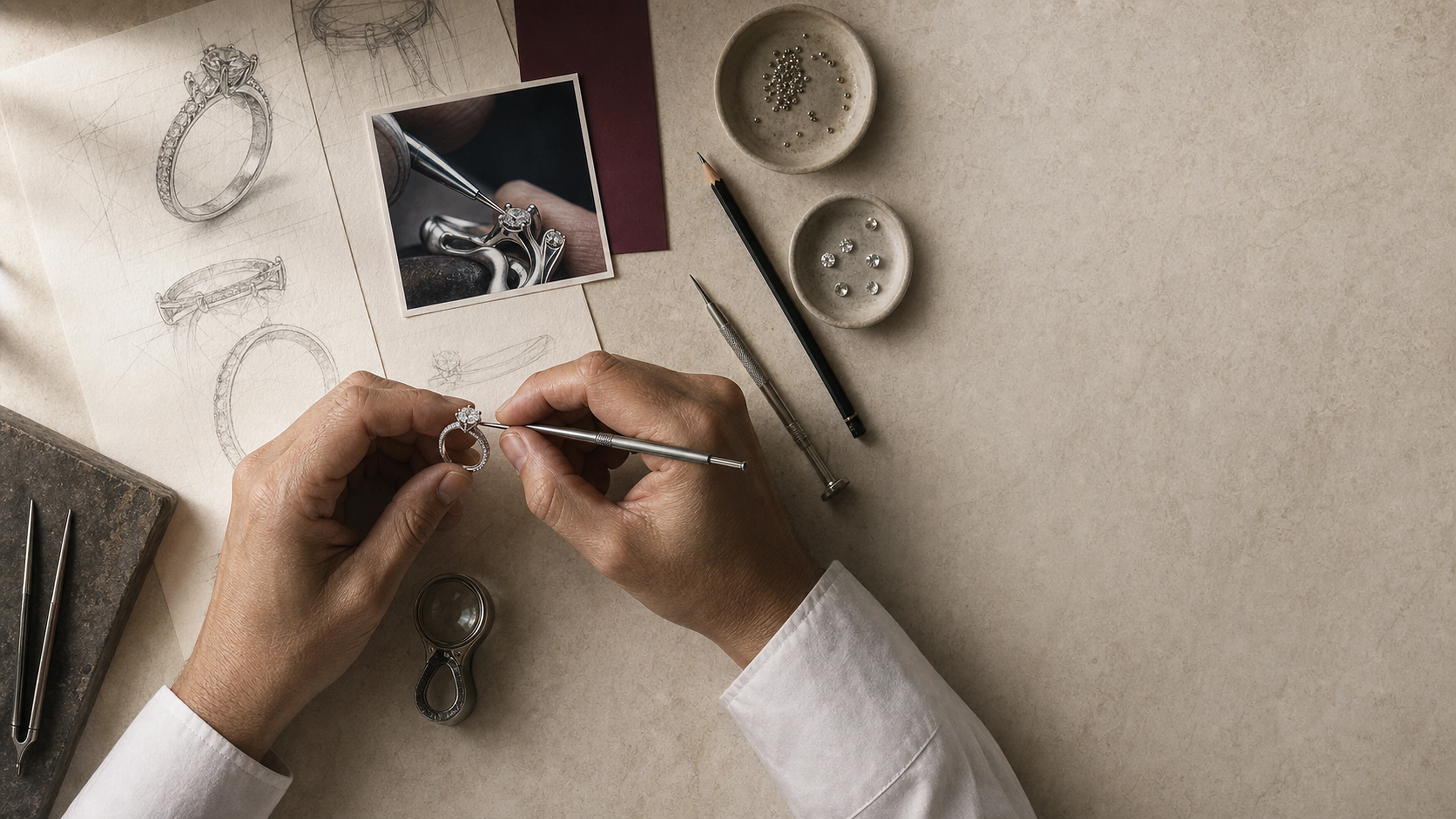A PARVIC jeweller setting a silver diamond ring beside hand-drawn sketches and atelier tools
