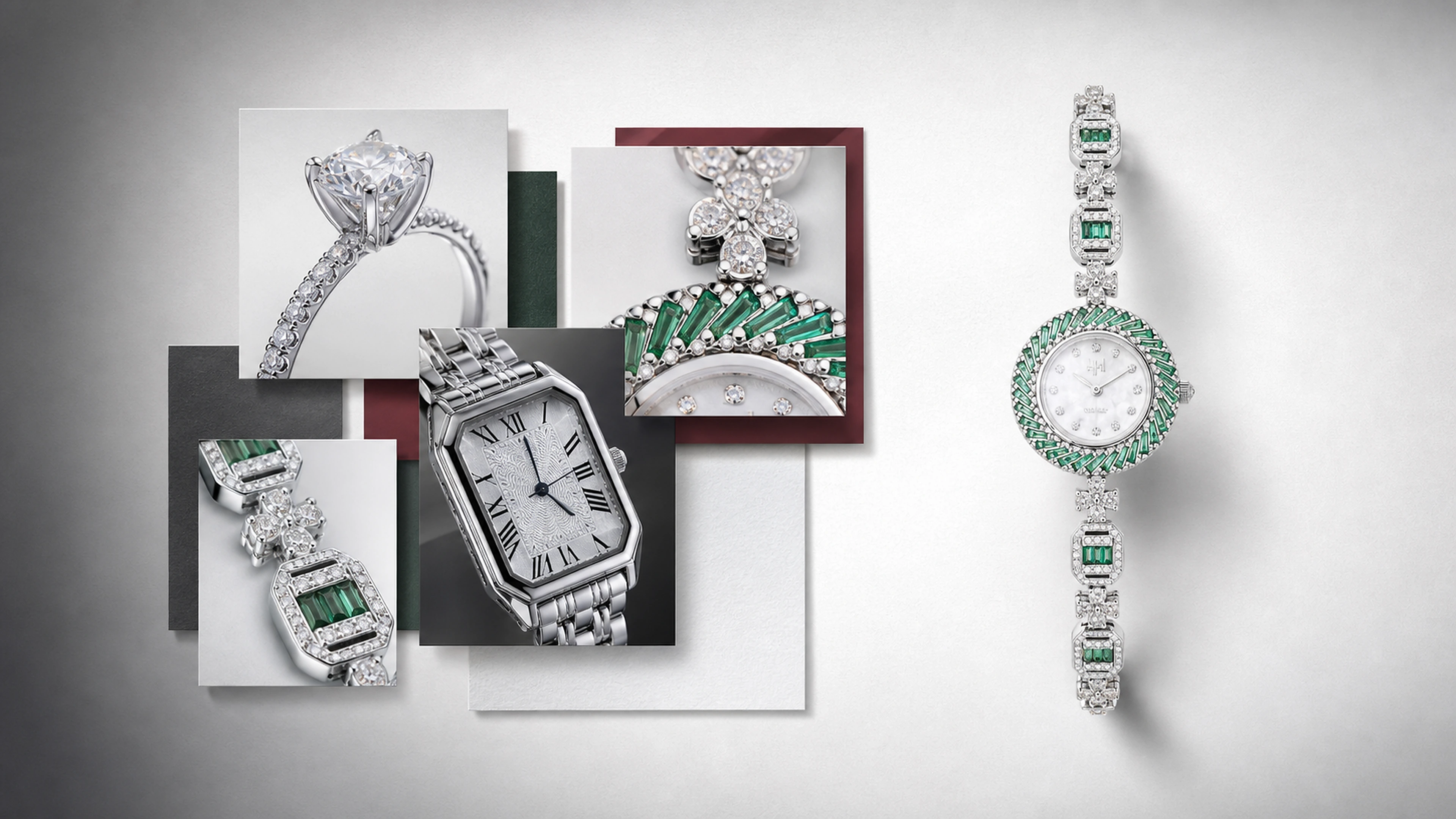 PARVIC emerald and diamond silver watch with an editorial collage of ring and watch details